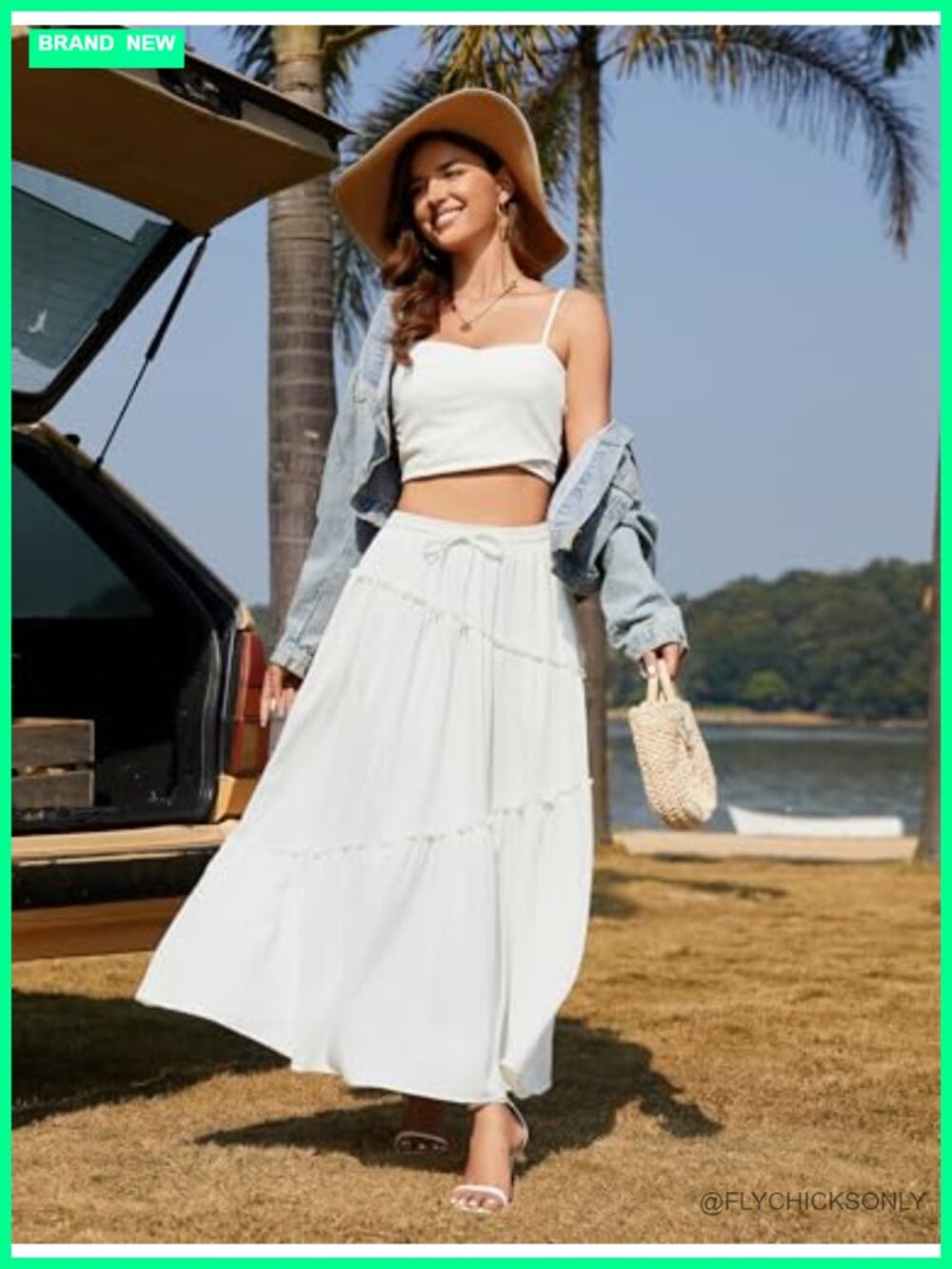 Smocked Tiered Maxi Skirt with Pockets High Waist A-Line Flowy Long - Picture 2 of 6
